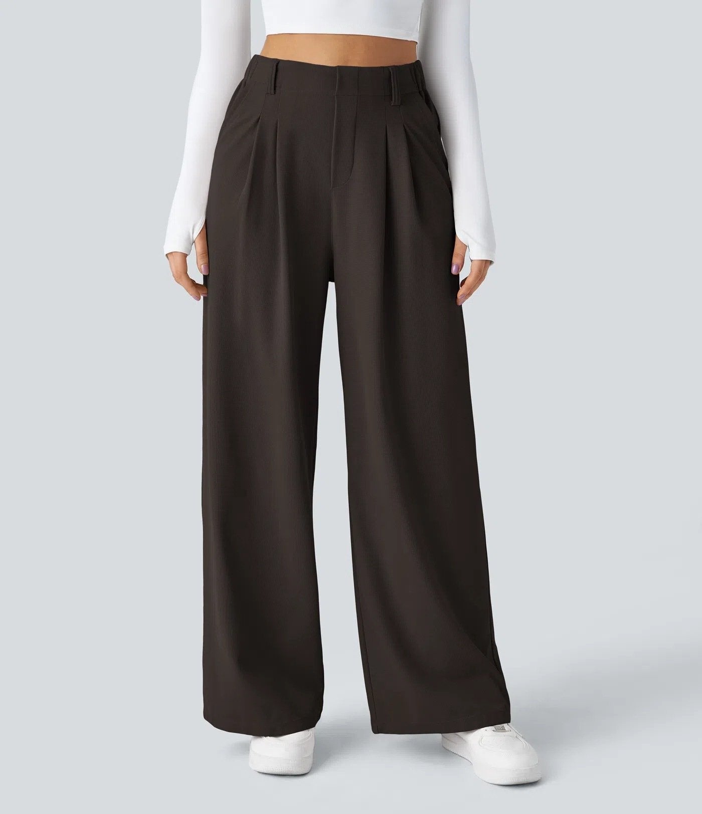 High Waisted Plicated Side Pocket Wide Leg Waffle Work Pants