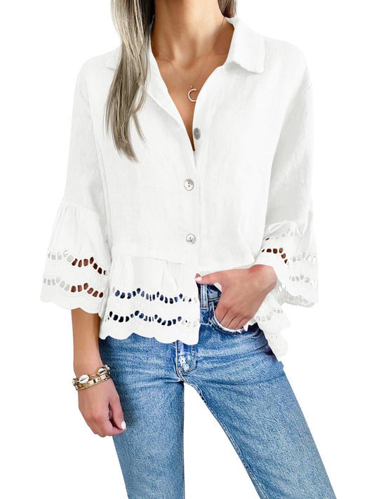 🔥Women's Hollow Out Ruffle Hem Blouse Tops
