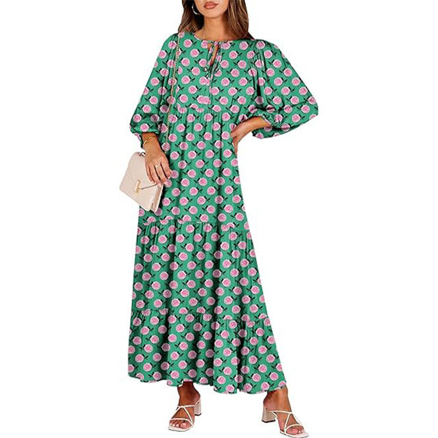summer V Neck Puff Sleeve Floral Flowy Swing Casual Long Dress