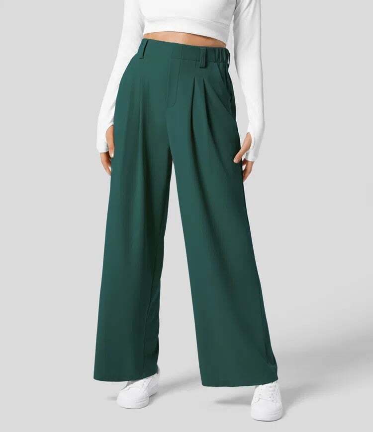 High Waisted Plicated Side Pocket Wide Leg Waffle Work Pants
