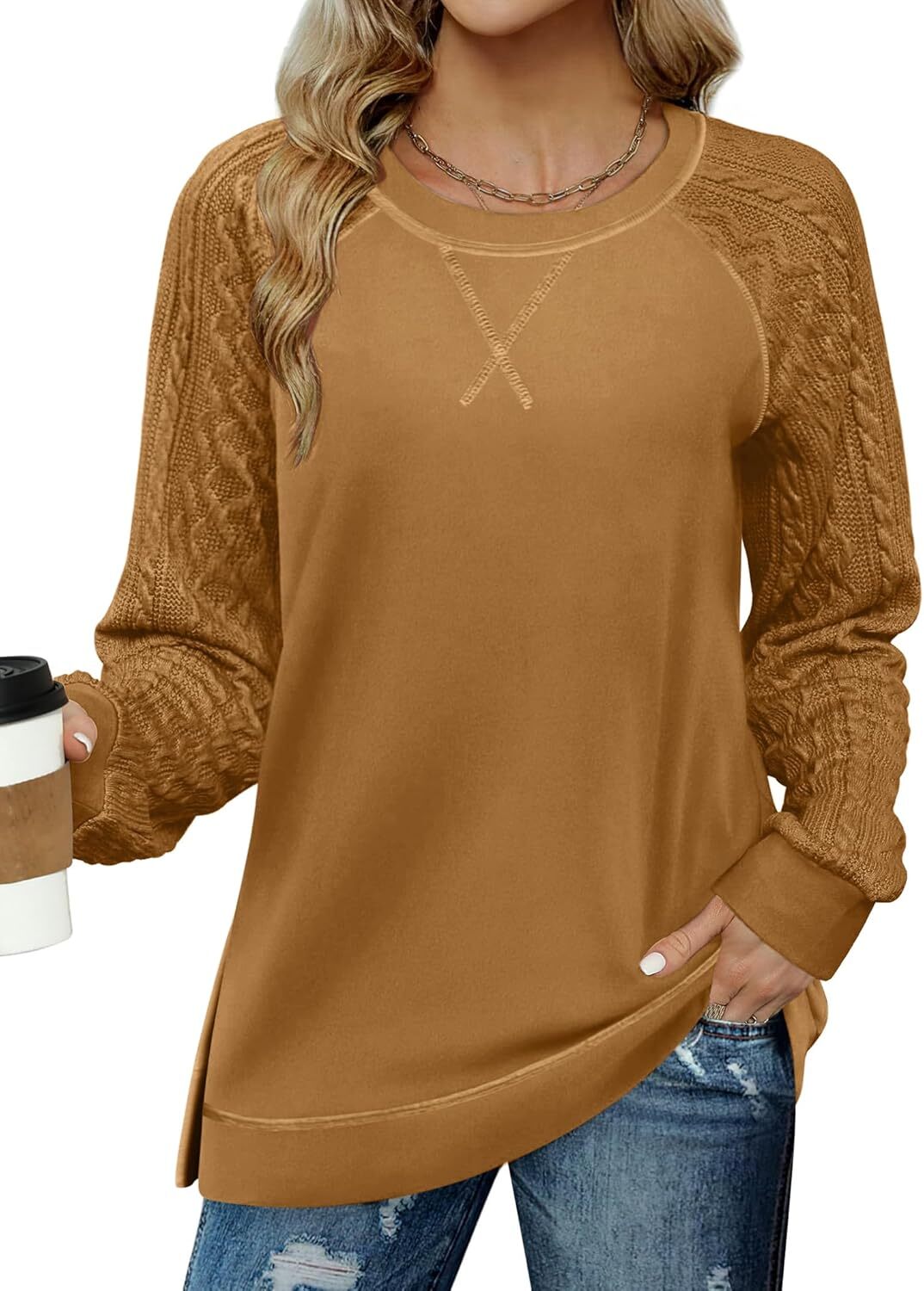Womens  Lightweight Cable Knit Sleeve Shirts Trendy Fall Tunic Tops