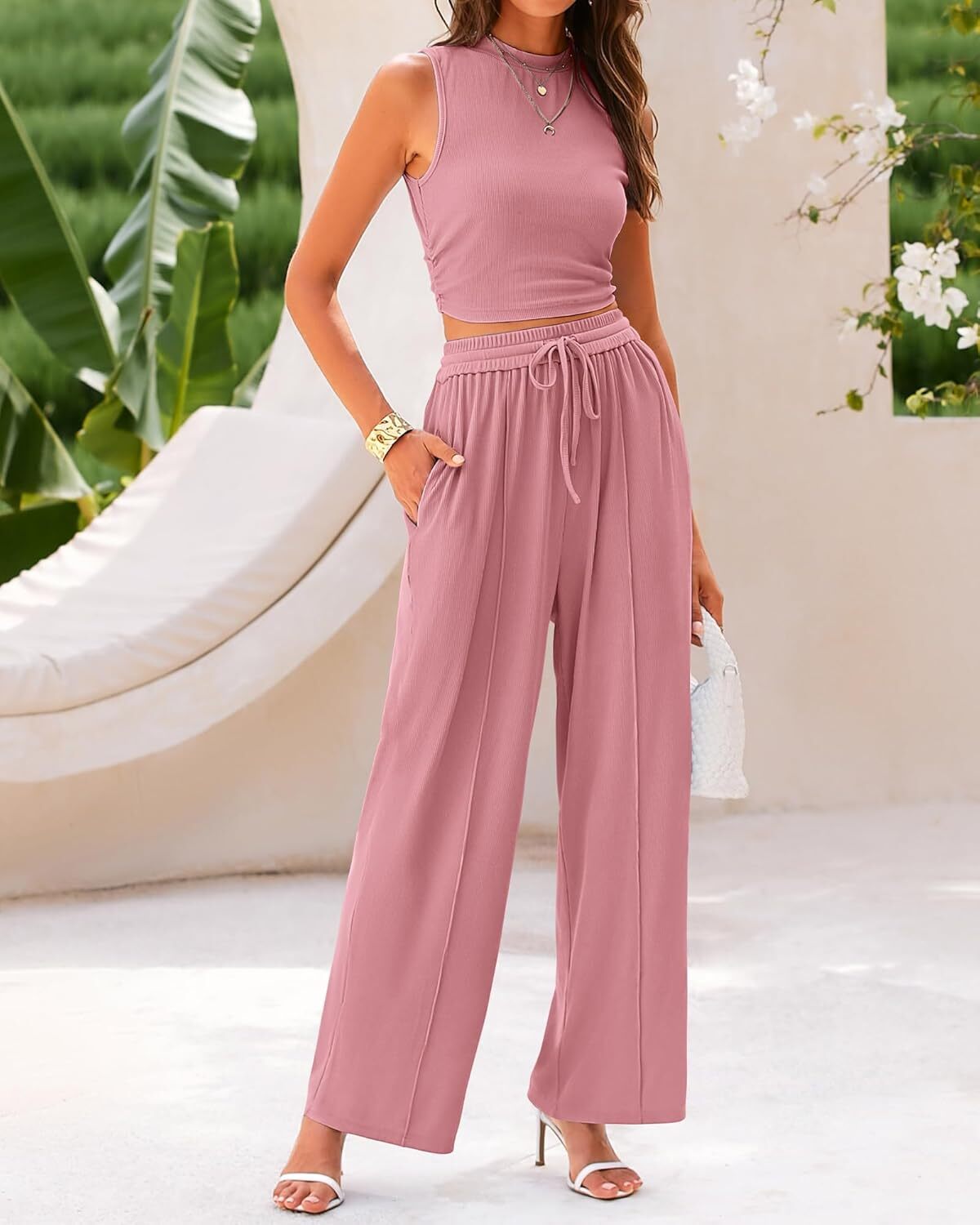 Women's Summer Beach Round Neck Sleeveless Cropped Top Elastic Waist Wide Leg Pants Lounge Set