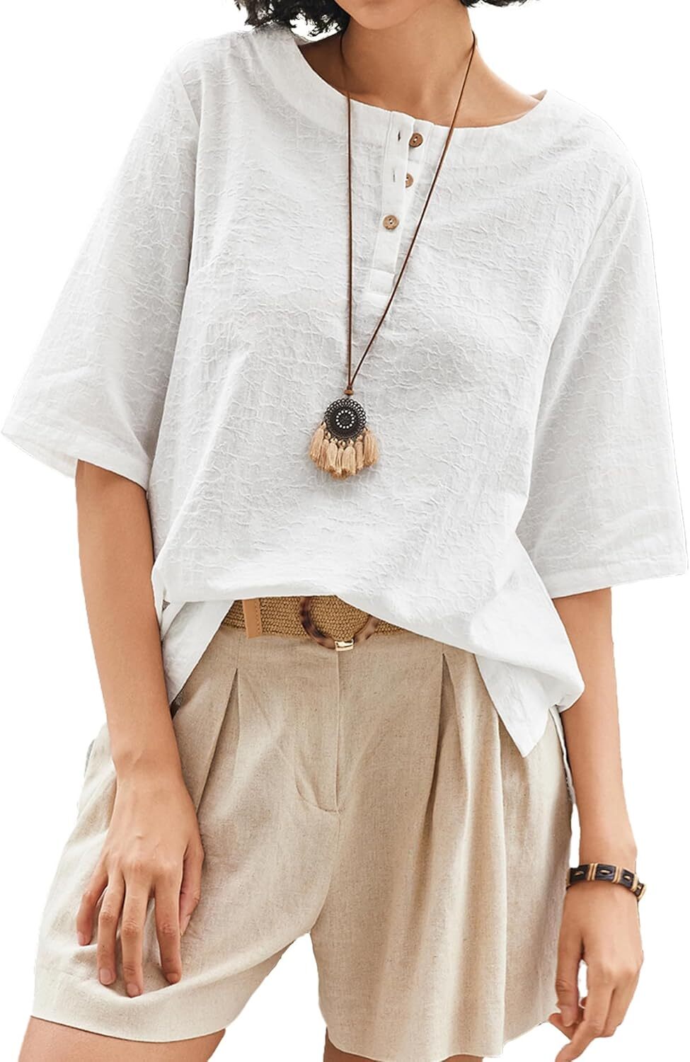 Linen Tops for Women 3/4 Sleeve Crew Neck Cotton Shirts