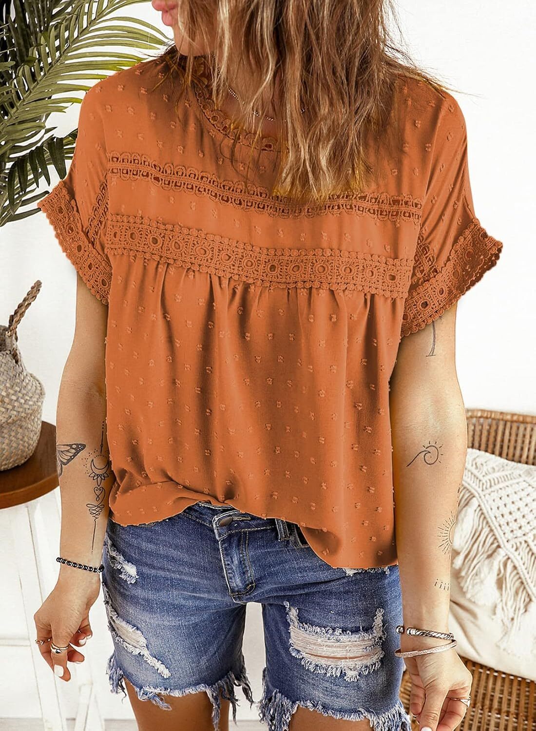 Dokotoo Womens Summer Tops Crewneck Lace Crochet Short Sleeve Shirts Casual Chiffon Blouses