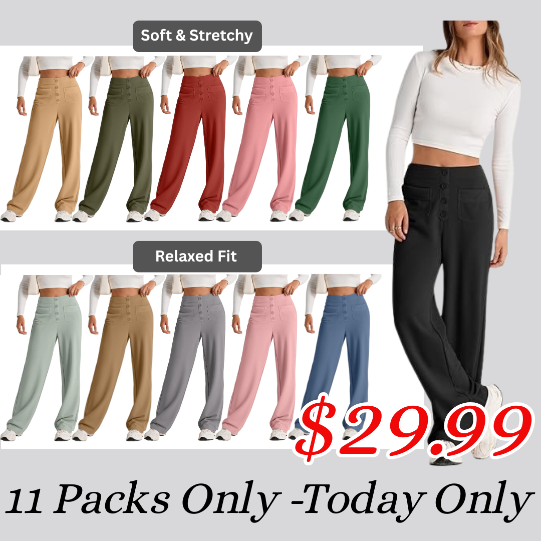 ⏰Womens High Waist Button Stretchy Work Pants Straight Leg Office Dress Pant Business Casual Trousers with Pocket