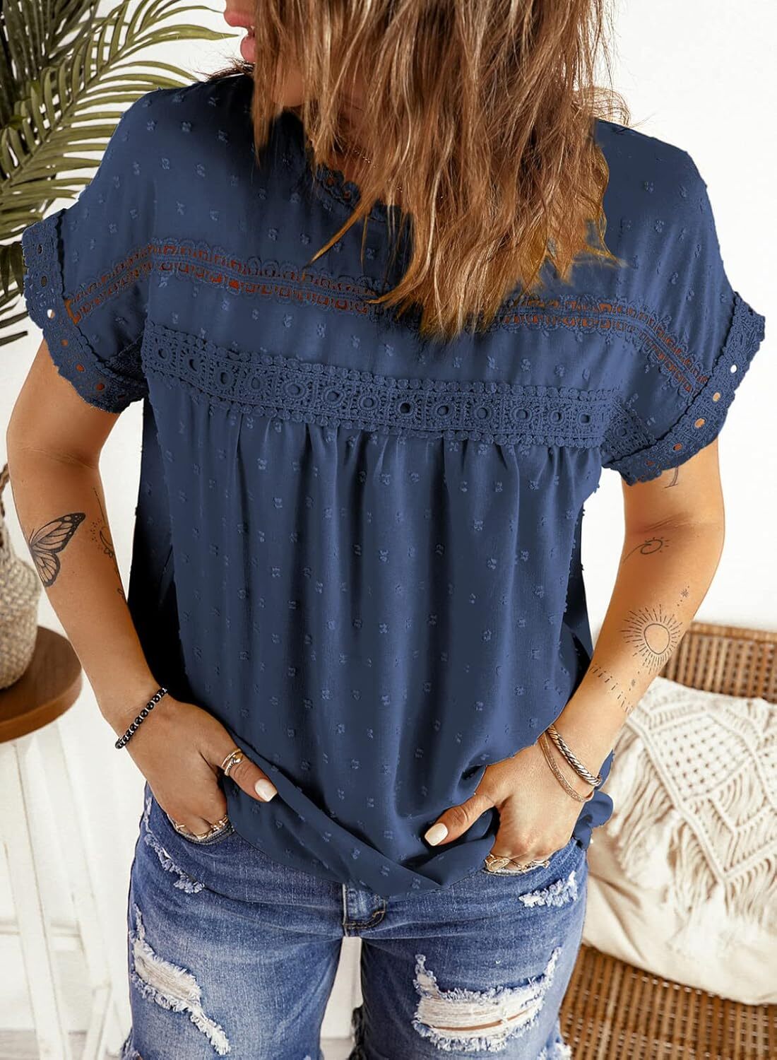 Dokotoo Womens Summer Tops Crewneck Lace Crochet Short Sleeve Shirts Casual Chiffon Blouses