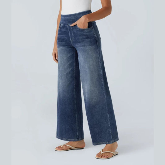 High Waisted Multiple Pockets Baggy Wide Leg Washed Stretchy Knit Casual Jeans