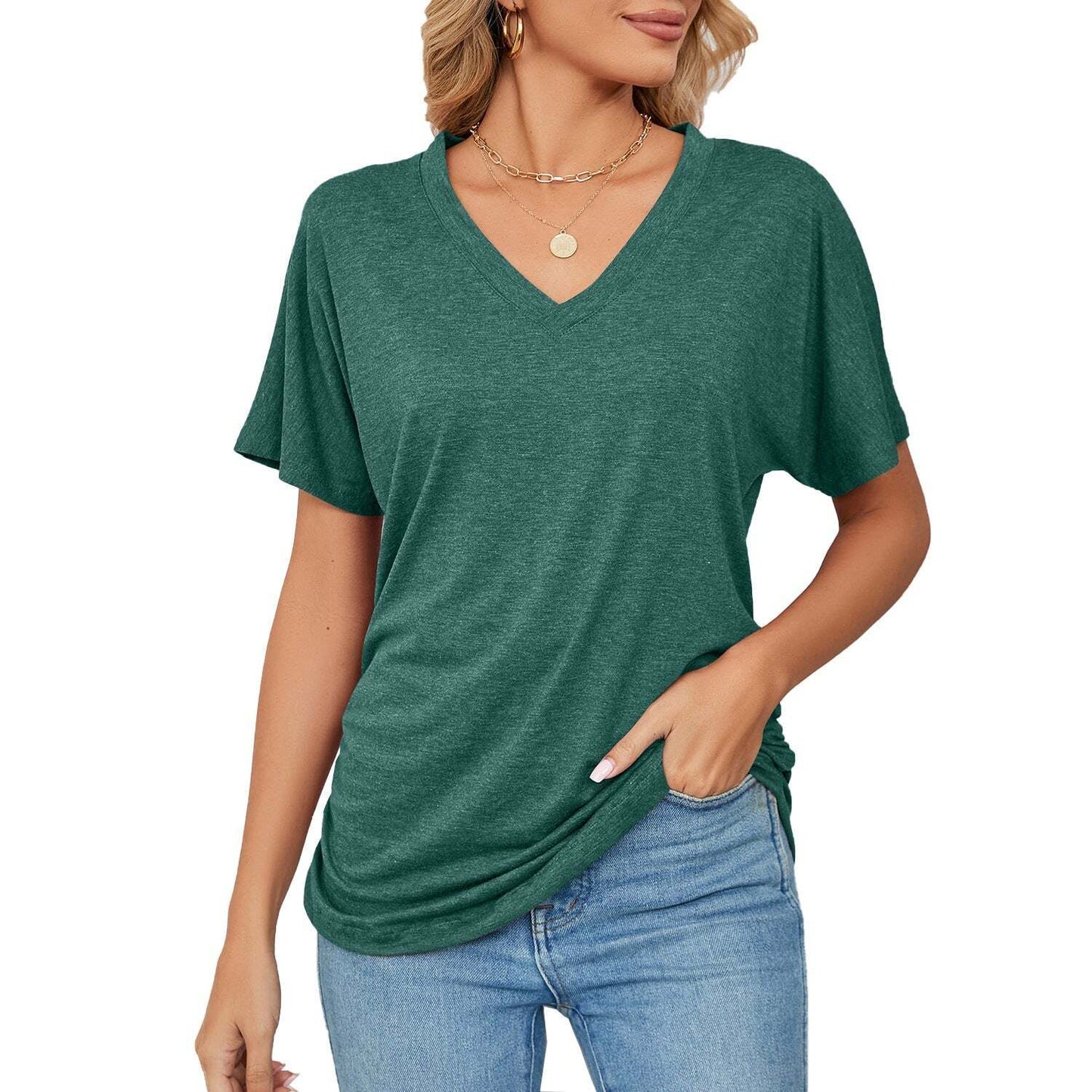 New Women's Solid Color V Neck Casual Tops