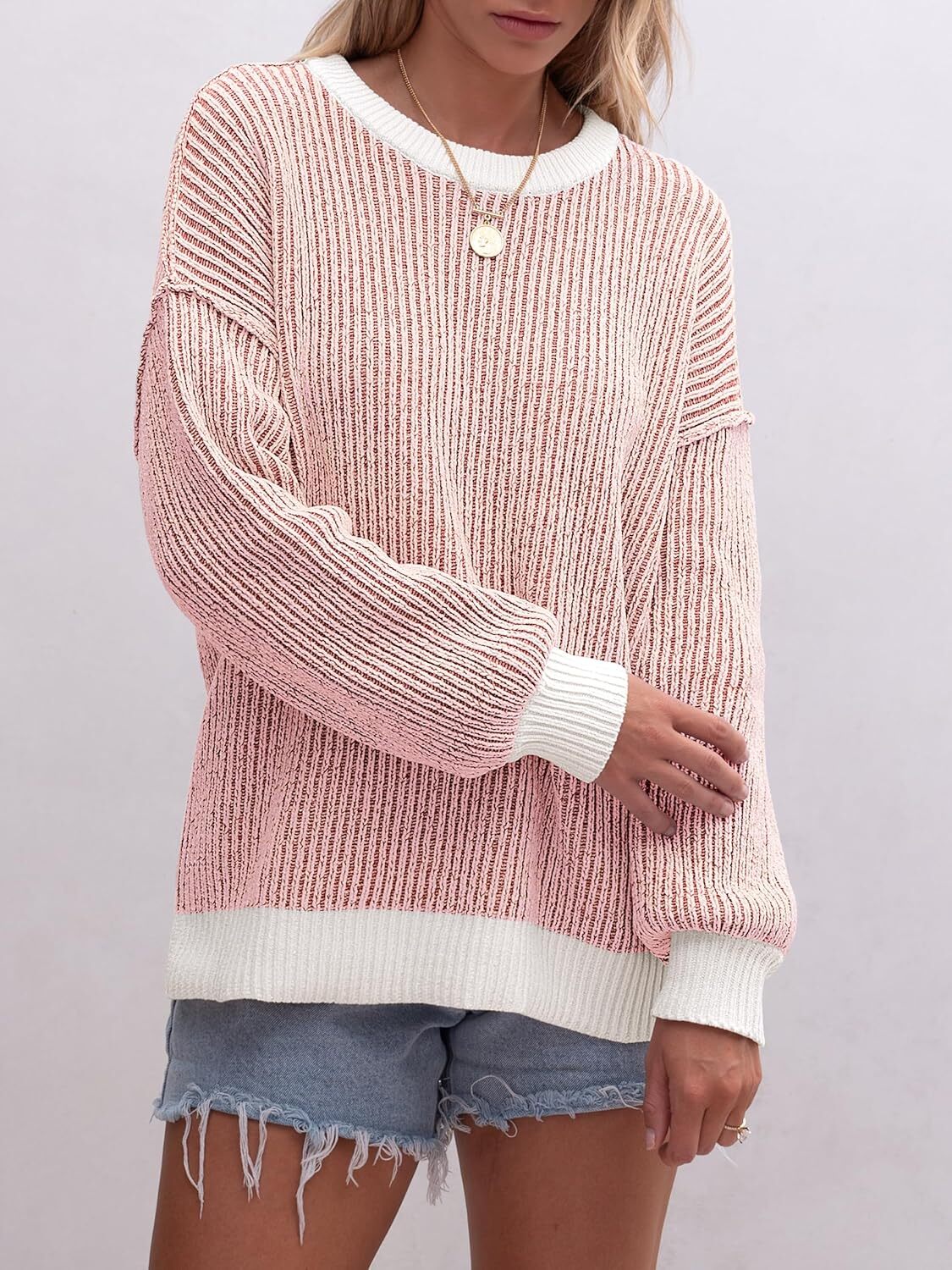 Womens Sweaters Crewneck Long Sleeve Color Block Pullover Loose Ribbed Knit Sweater Tops 2024 Fall Trendy Outfits