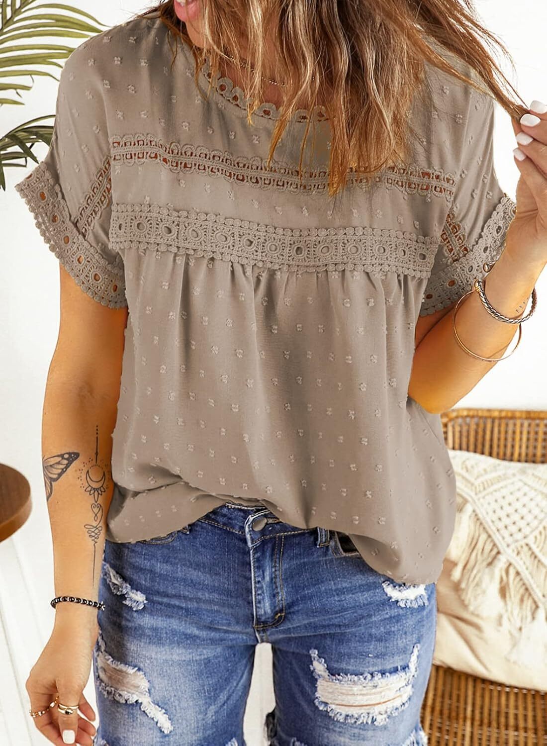 Dokotoo Womens Summer Tops Crewneck Lace Crochet Short Sleeve Shirts Casual Chiffon Blouses