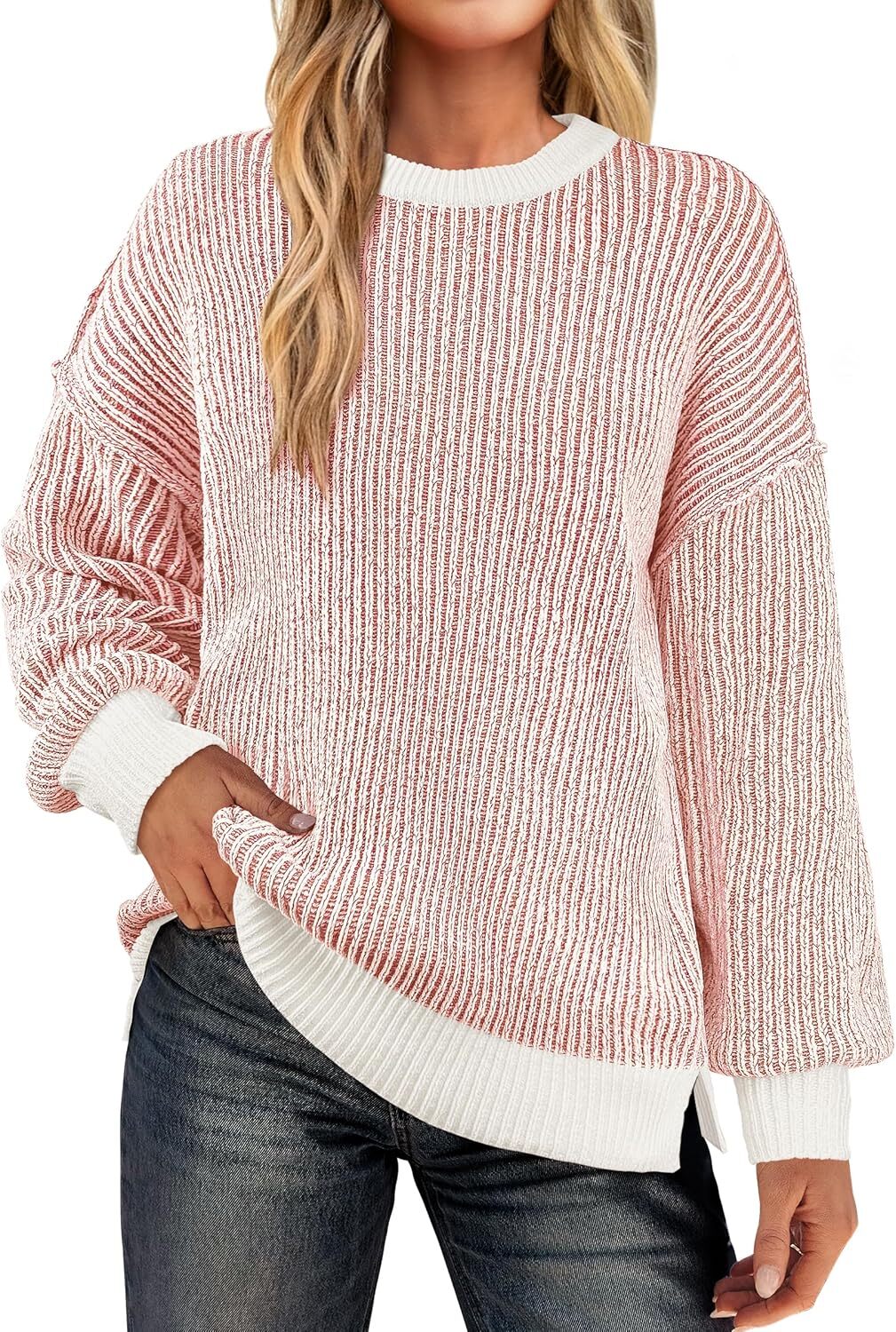 Womens Sweaters Crewneck Long Sleeve Color Block Pullover Loose Ribbed Knit Sweater Tops 2024 Fall Trendy Outfits