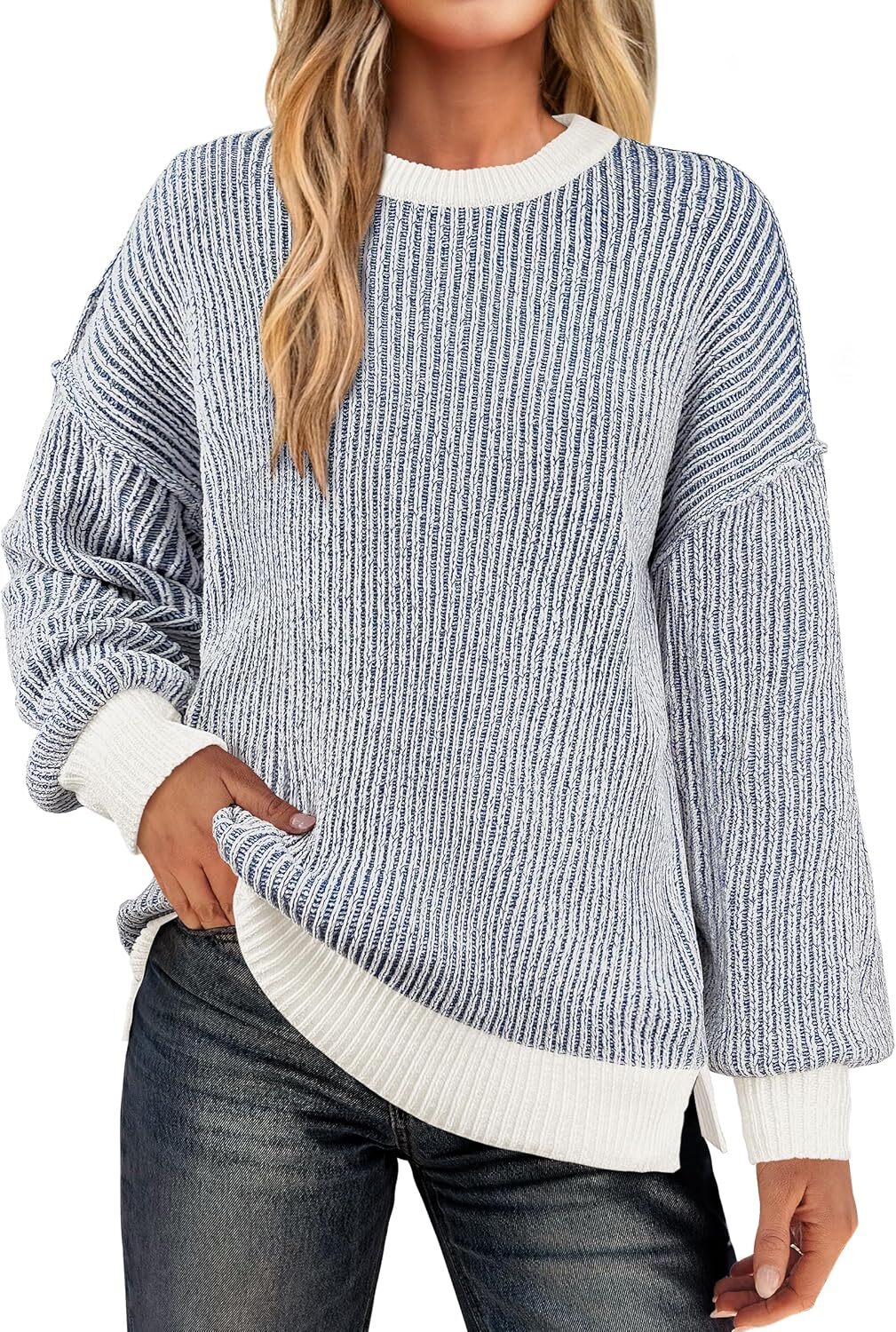 Womens Sweaters Crewneck Long Sleeve Color Block Pullover Loose Ribbed Knit Sweater Tops 2024 Fall Trendy Outfits
