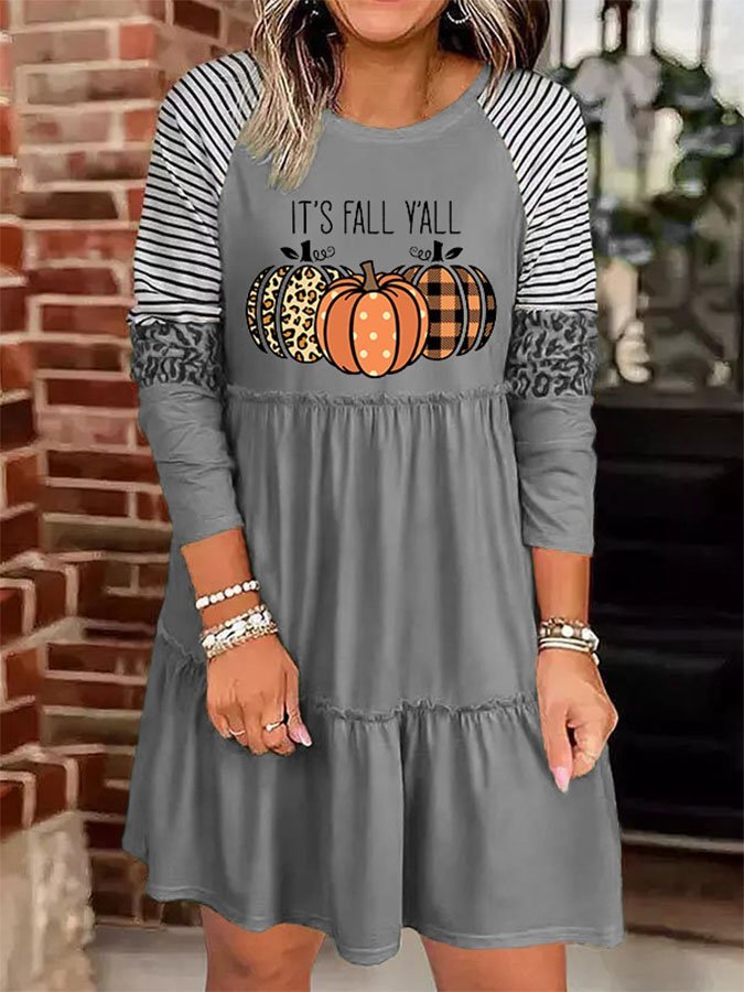 Casual Pumpkin Print Long Sleeve Dress