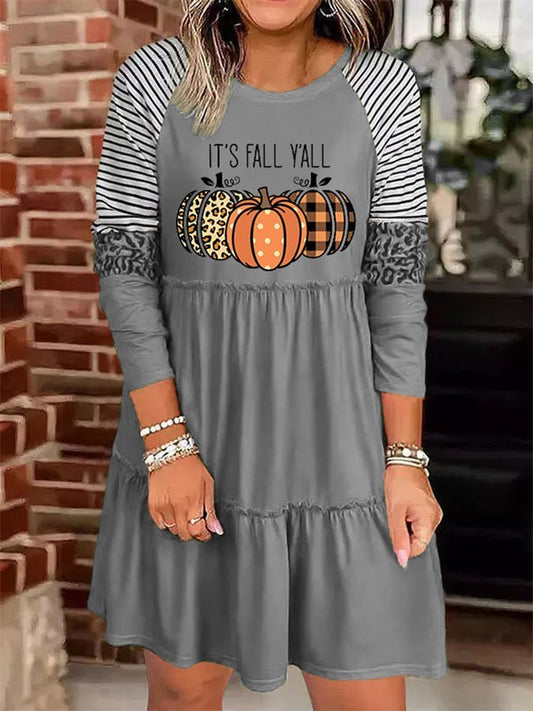 Casual Pumpkin Print Long Sleeve Dress