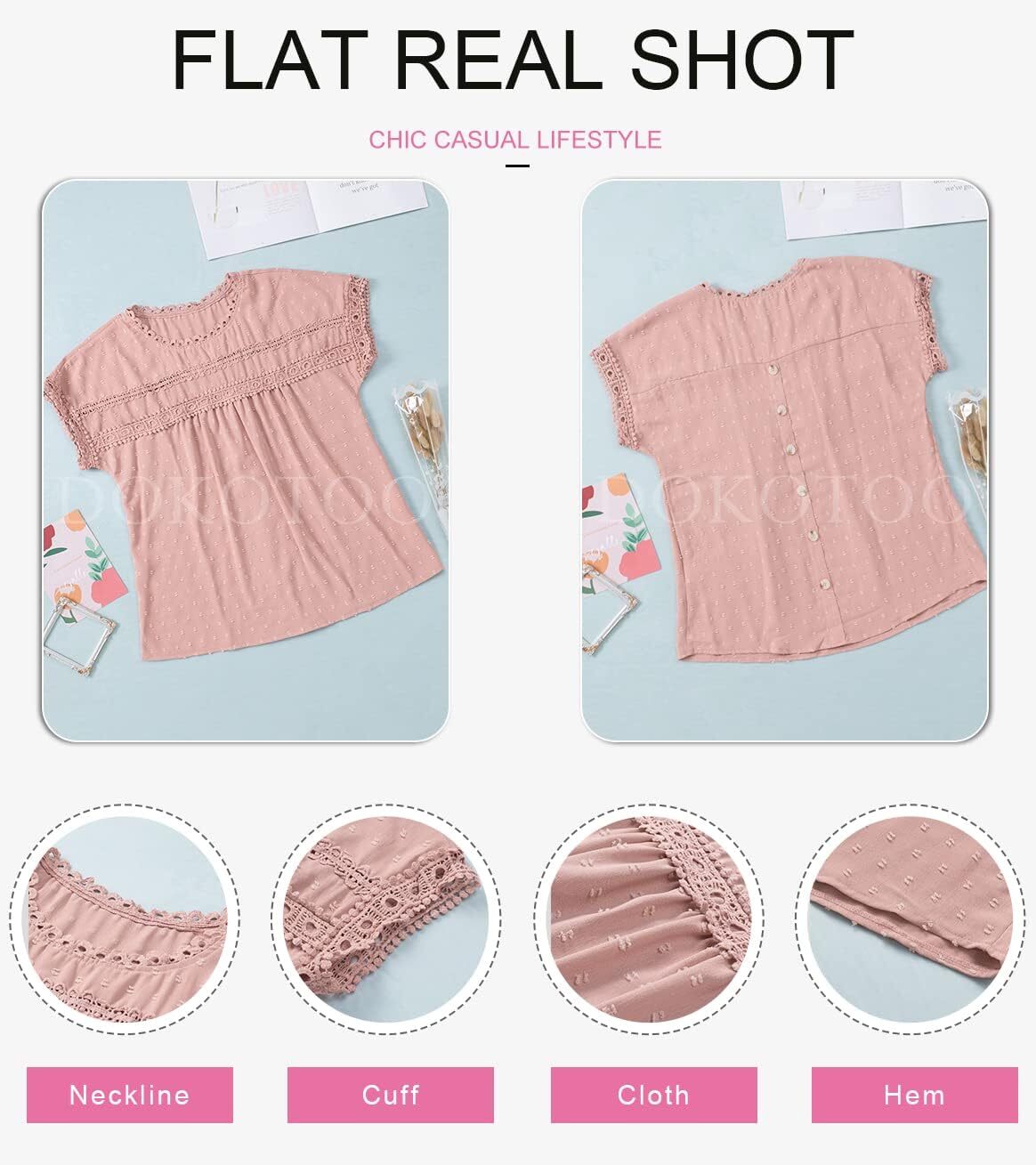 Dokotoo Womens Summer Tops Crewneck Lace Crochet Short Sleeve Shirts Casual Chiffon Blouses