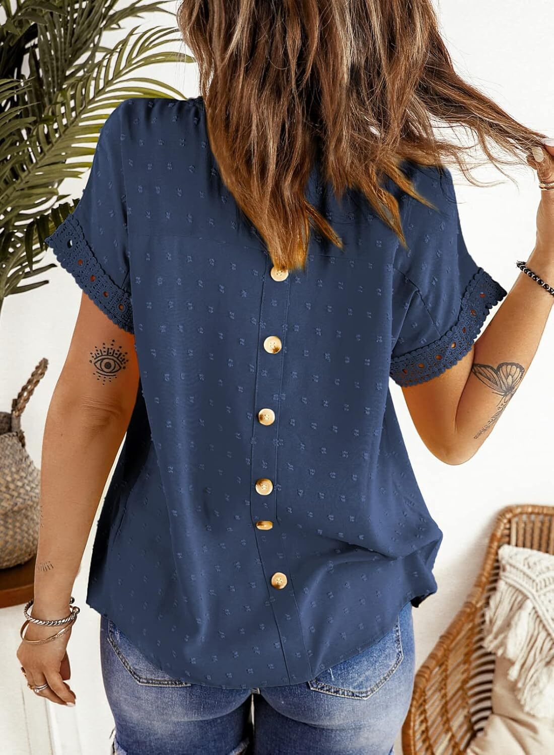 Dokotoo Womens Summer Tops Crewneck Lace Crochet Short Sleeve Shirts Casual Chiffon Blouses