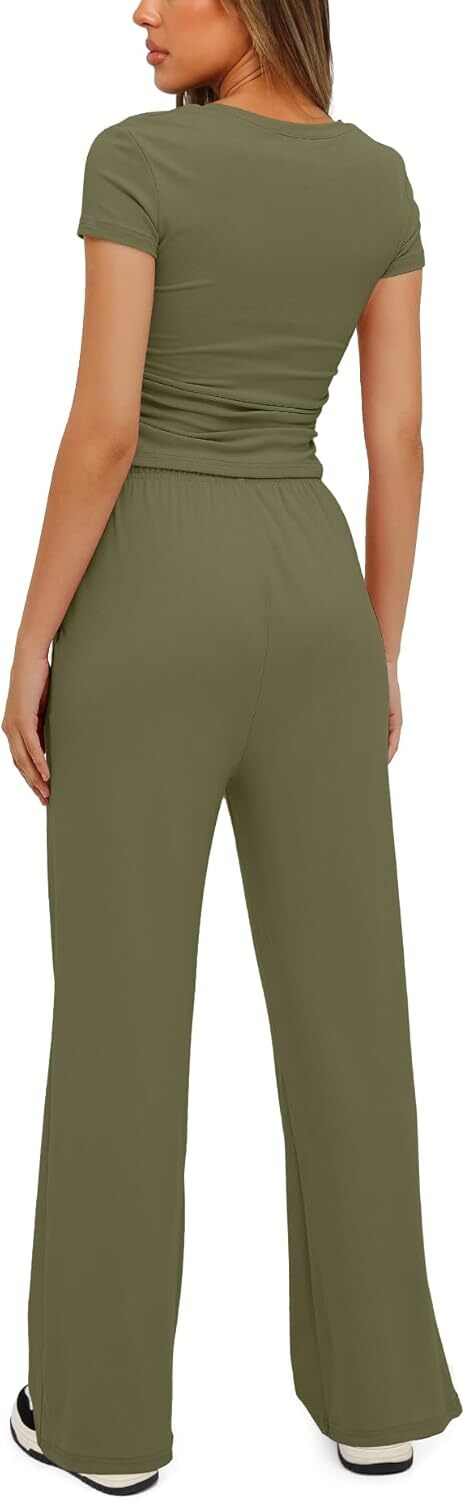 Darong Women's 2 Piece Outfits Lounge Sets Ruched Short Sleeve Tops and High Waisted Wide Leg Pants Tracksuit Sets