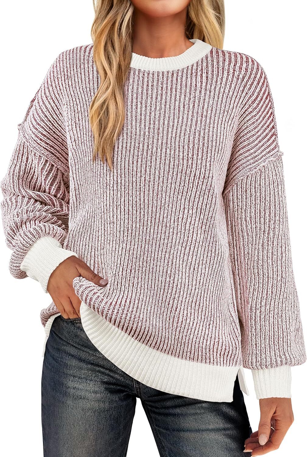 Womens Sweaters Crewneck Long Sleeve Color Block Pullover Loose Ribbed Knit Sweater Tops 2024 Fall Trendy Outfits