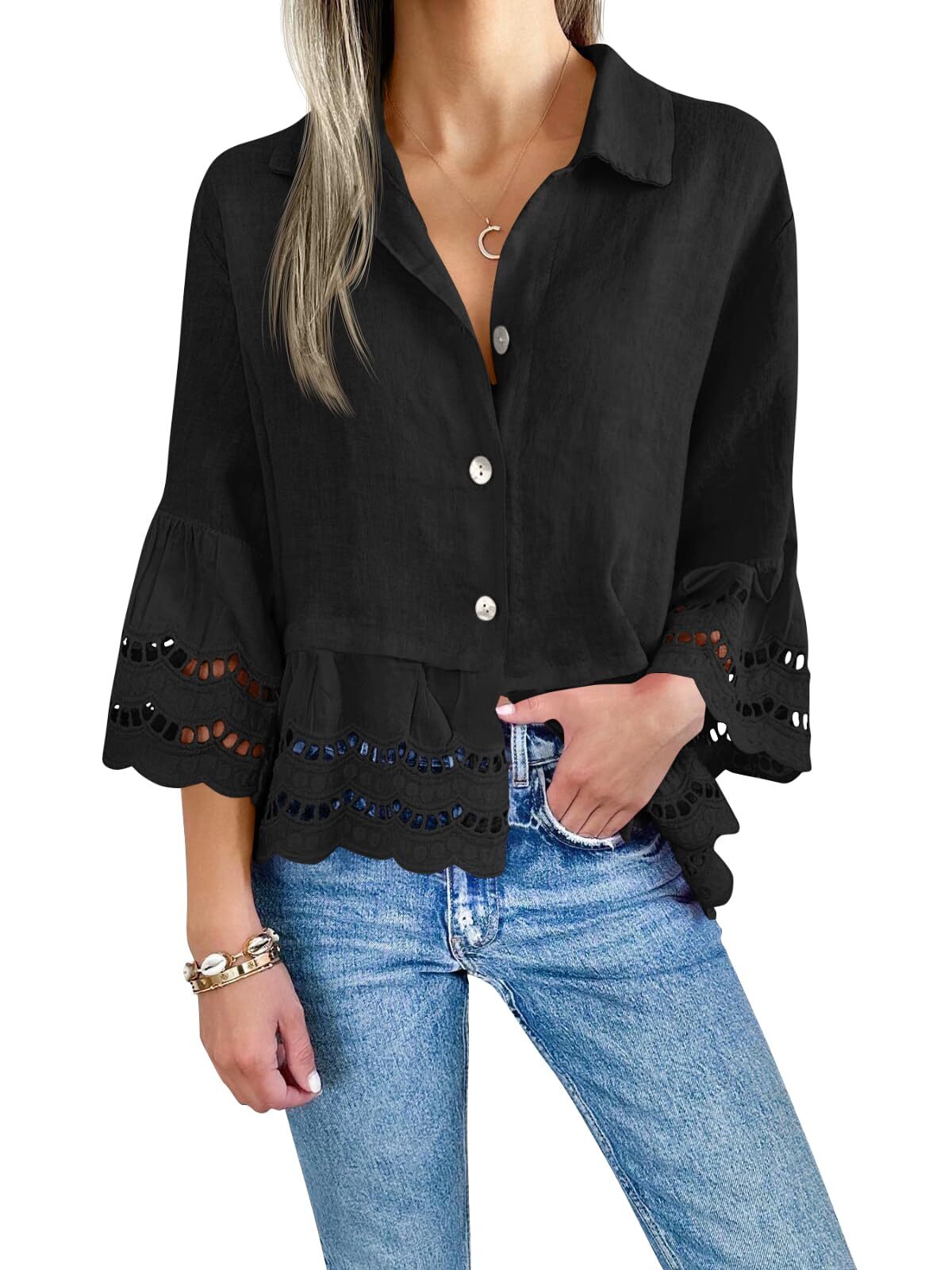 🔥Women's Hollow Out Ruffle Hem Blouse Tops