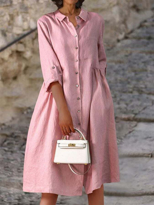 Cotton Linen Solid Color Lapel Button Pocket Dress