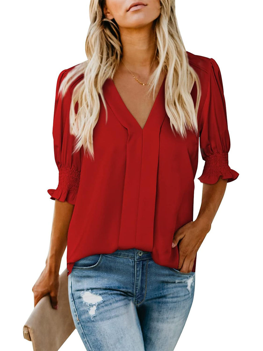 Women's V Neck Dressy Puff Ruffle Blouse Casua Short Sleeve Tops