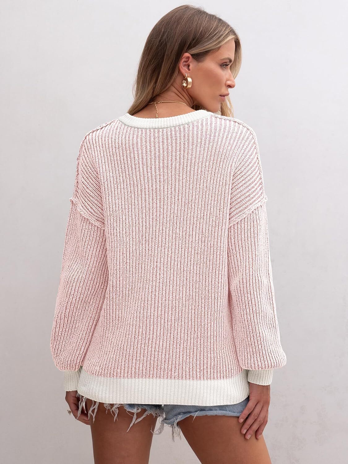 Womens Sweaters Crewneck Long Sleeve Color Block Pullover Loose Ribbed Knit Sweater Tops 2024 Fall Trendy Outfits