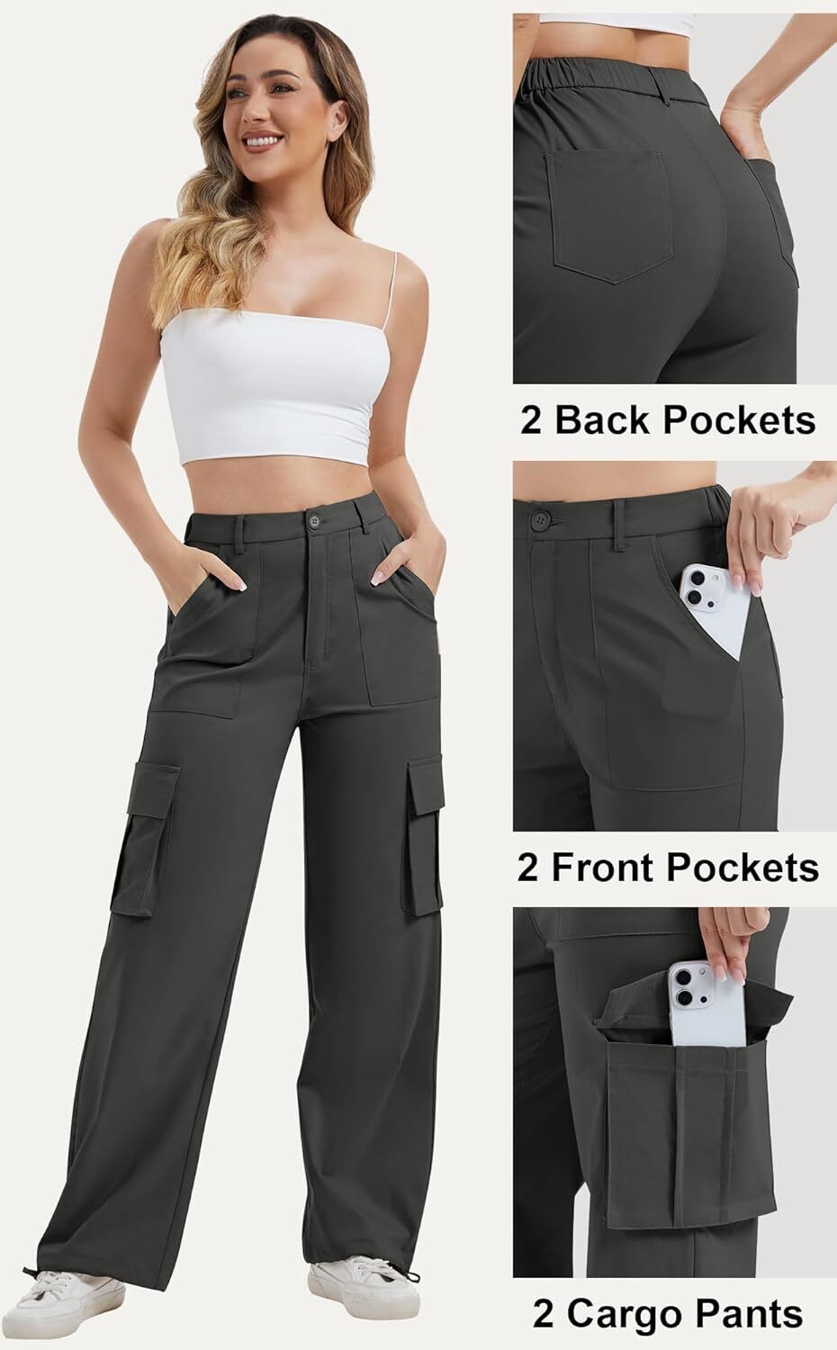 Women High Waisted Satin Cargo Pants Wide Leg Casual Pants multipocket model