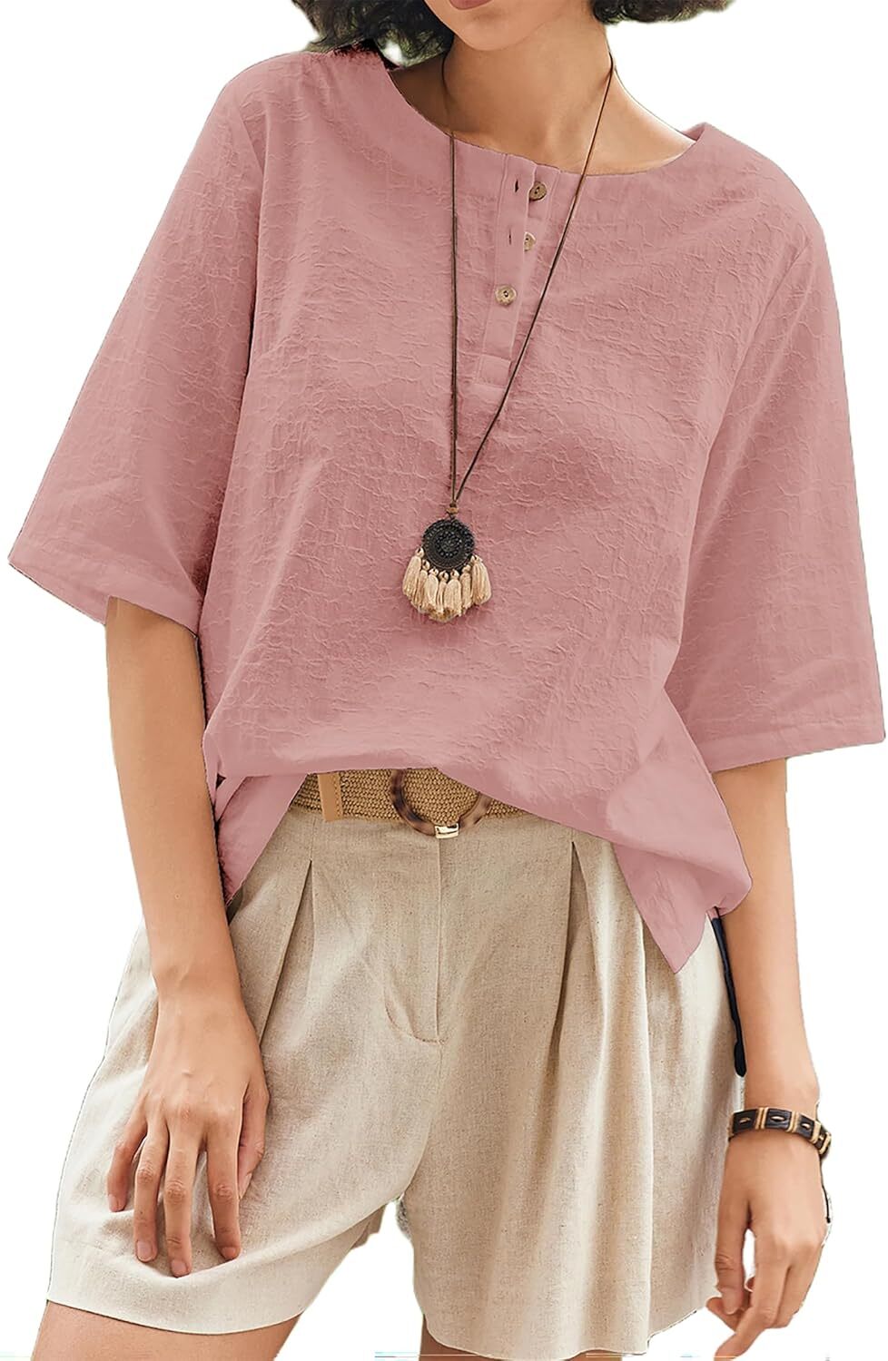 Linen Tops for Women 3/4 Sleeve Crew Neck Cotton Shirts