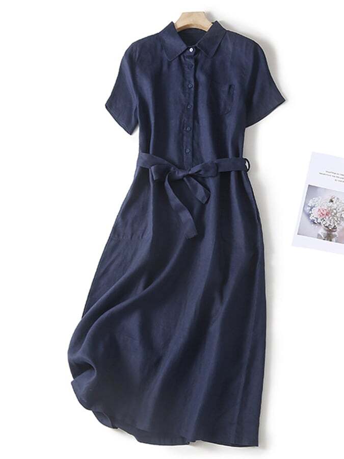 Cotton And Linen Solid Color Shirt Collar Belt Dress