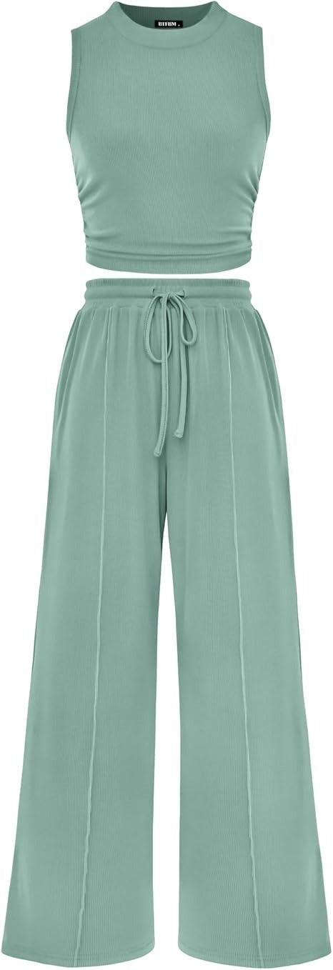 Women's Summer Beach Round Neck Sleeveless Cropped Top Elastic Waist Wide Leg Pants Lounge Set
