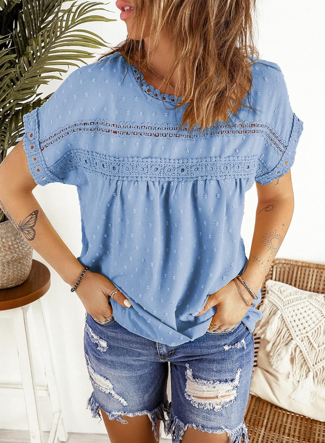 Dokotoo Womens Summer Tops Crewneck Lace Crochet Short Sleeve Shirts Casual Chiffon Blouses