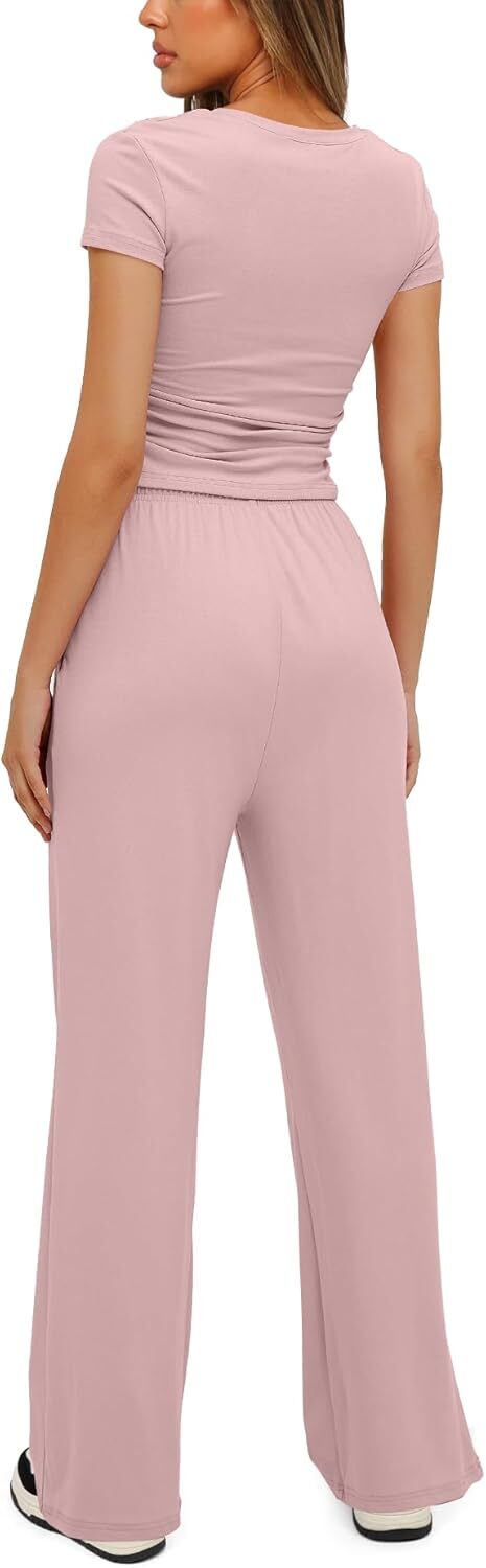 Darong Women's 2 Piece Outfits Lounge Sets Ruched Short Sleeve Tops and High Waisted Wide Leg Pants Tracksuit Sets