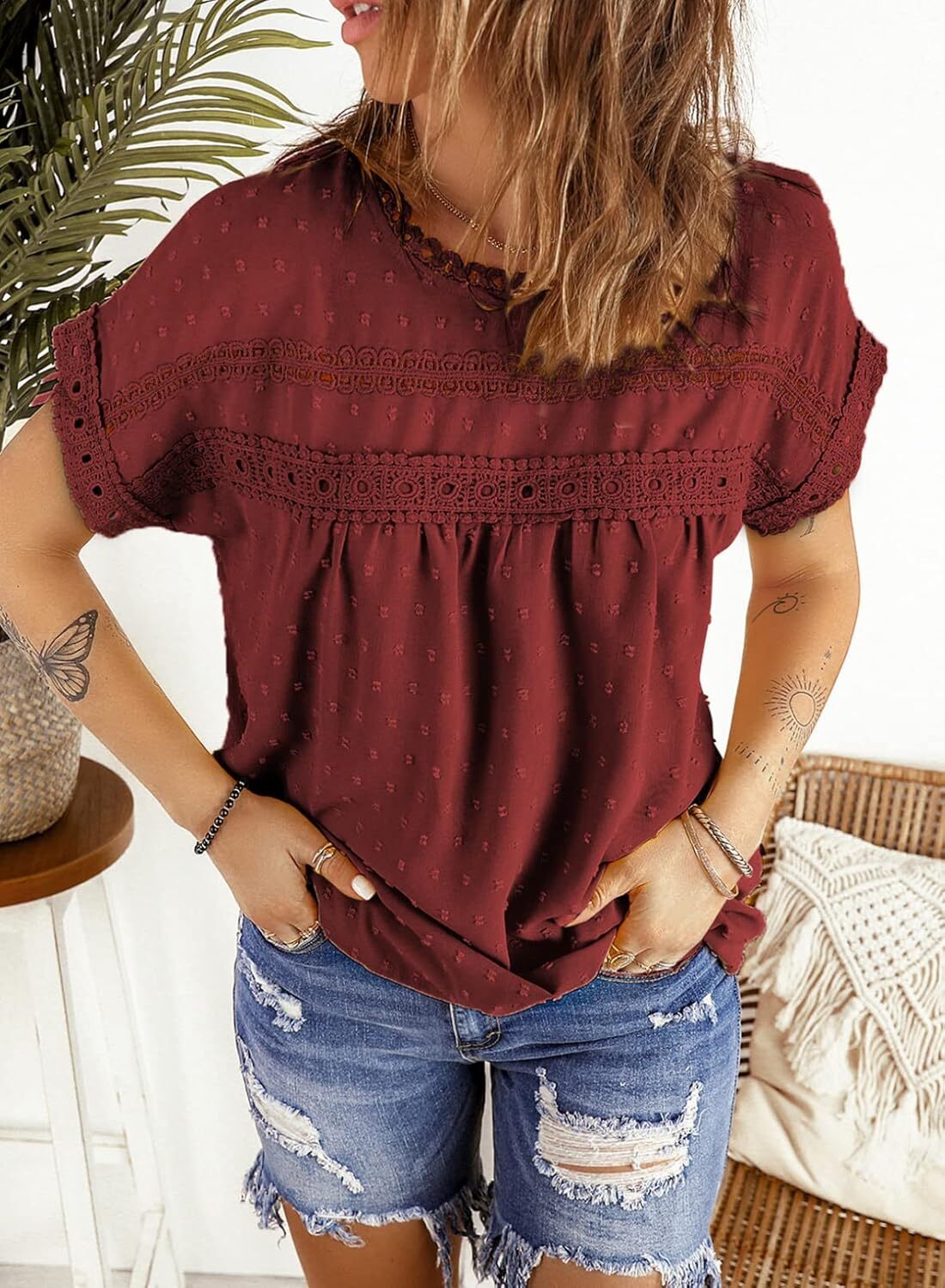 Dokotoo Womens Summer Tops Crewneck Lace Crochet Short Sleeve Shirts Casual Chiffon Blouses