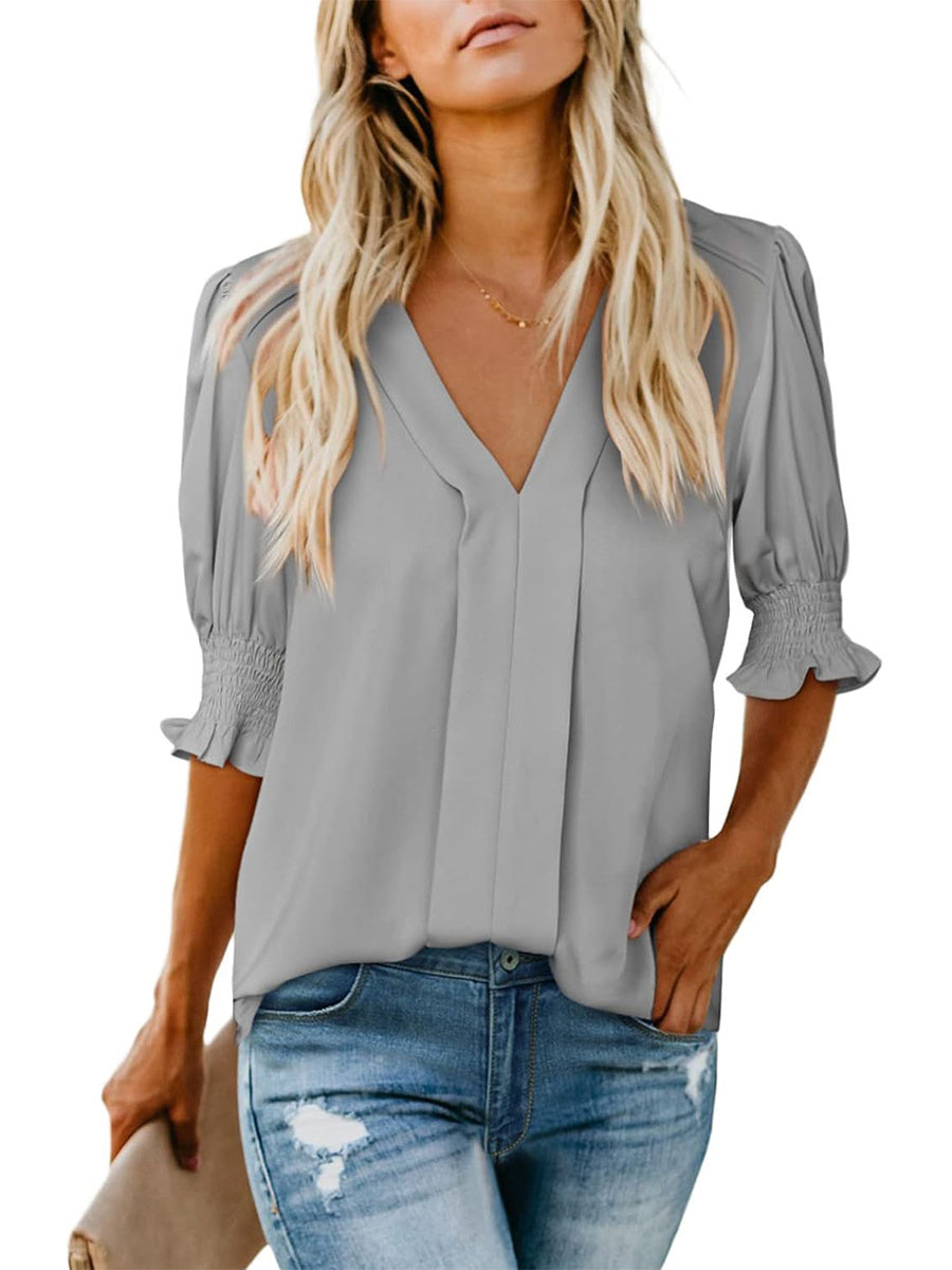 Women's V Neck Dressy Puff Ruffle Blouse Casua Short Sleeve Tops