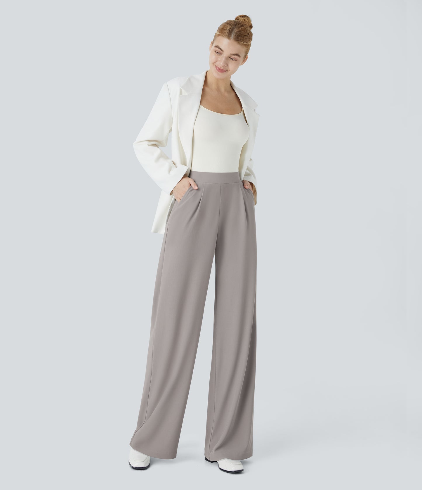 🎅Early Christmas Sale🎄High Waisted Body Sculpt Waist-Slimming Pocket Wide Leg Micro Waffle Work Pants