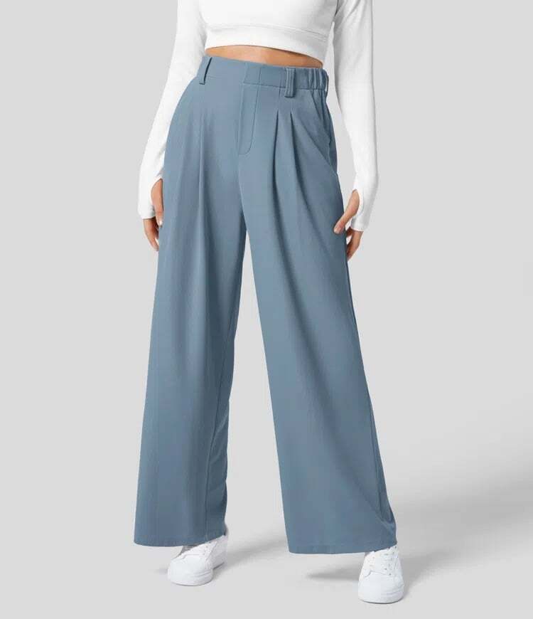 High Waisted Plicated Side Pocket Wide Leg Waffle Work Pants