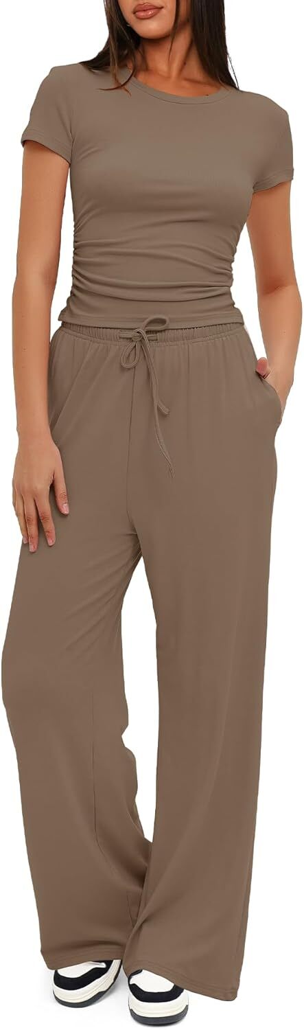 Darong Women's 2 Piece Outfits Lounge Sets Ruched Short Sleeve Tops and High Waisted Wide Leg Pants Tracksuit Sets