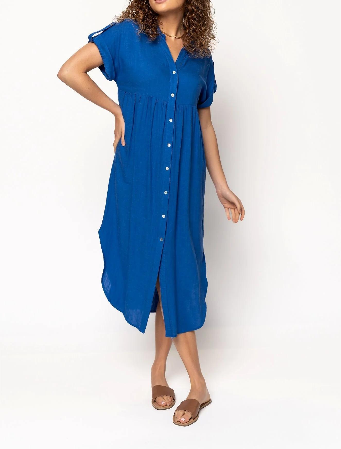 Women's Button Long Pocket Dress Slit Hem