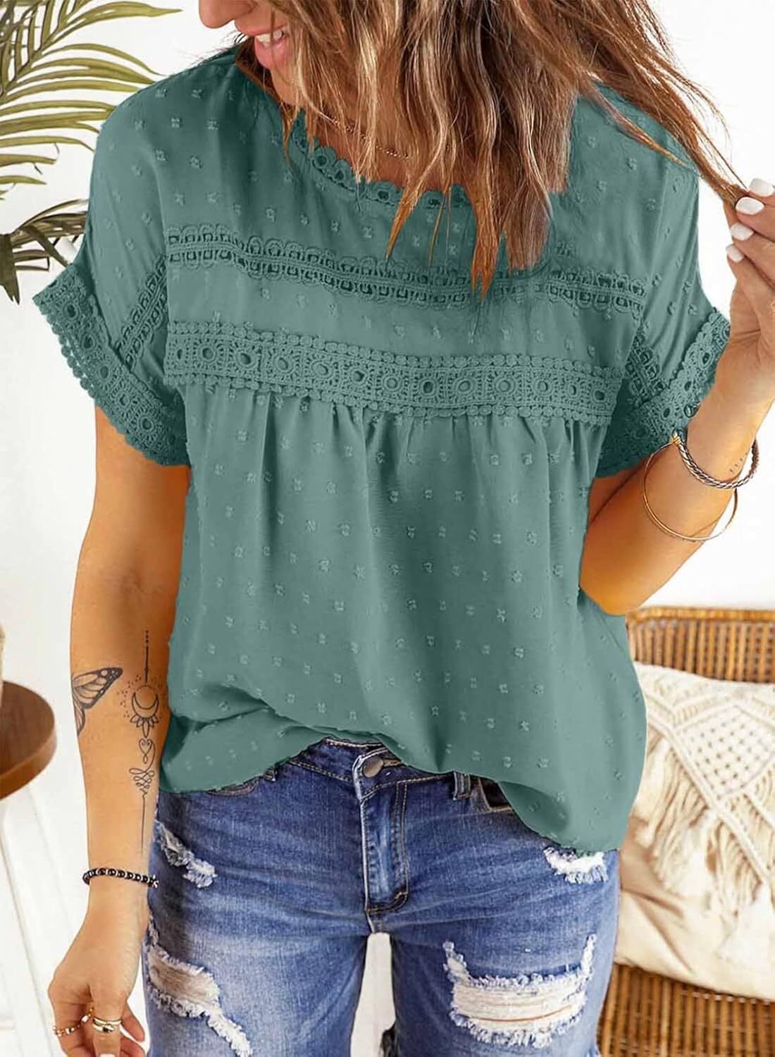 Dokotoo Womens Summer Tops Crewneck Lace Crochet Short Sleeve Shirts Casual Chiffon Blouses