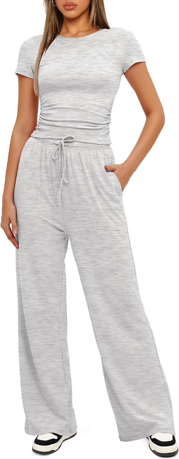 Darong Women's 2 Piece Outfits Lounge Sets Ruched Short Sleeve Tops and High Waisted Wide Leg Pants Tracksuit Sets