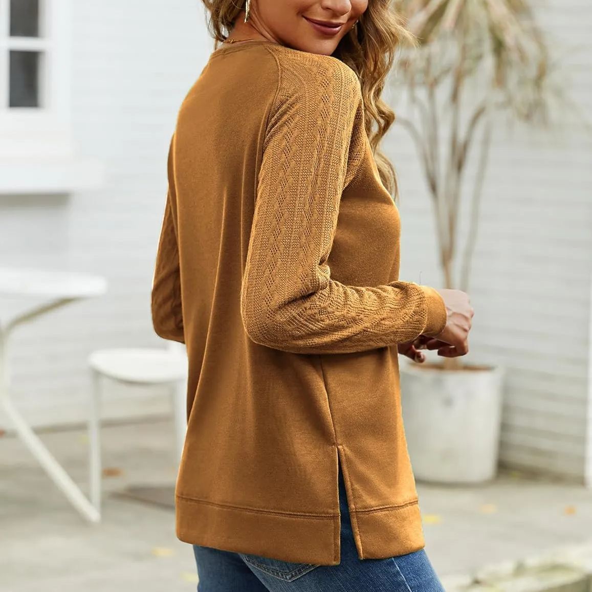 Womens  Lightweight Cable Knit Sleeve Shirts Trendy Fall Tunic Tops