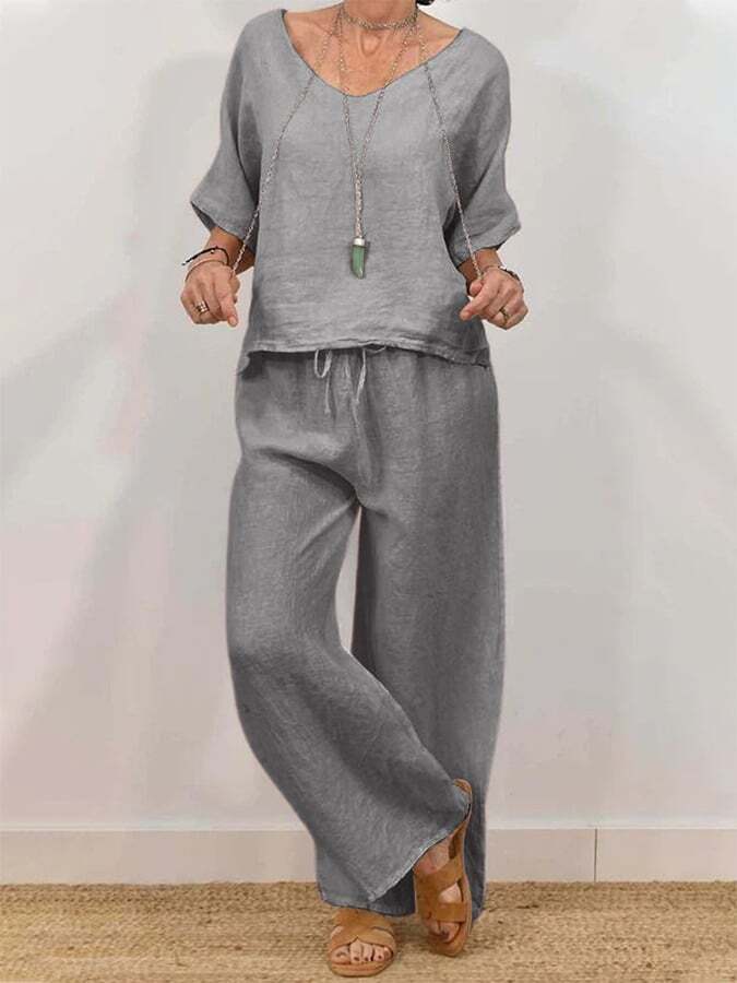 Women's Casual Linen V-Neck Half-Sleeve Pullover + Pants Two-Piece Set