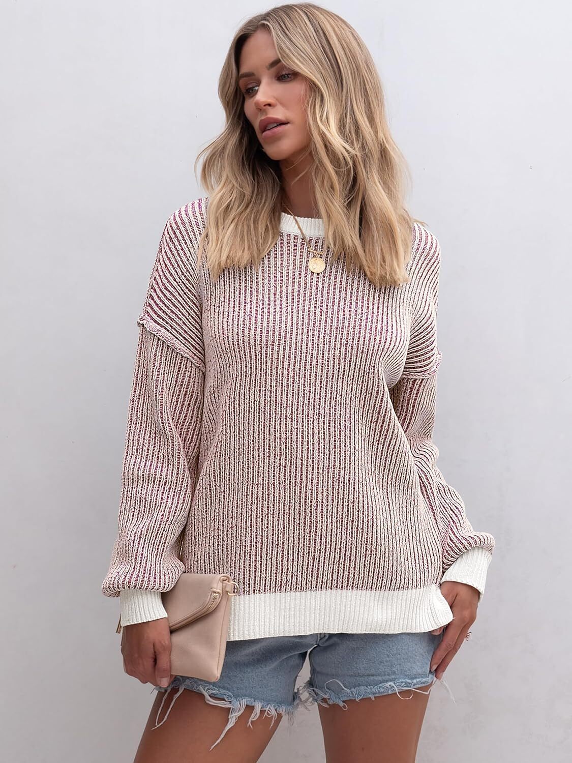 Womens Sweaters Crewneck Long Sleeve Color Block Pullover Loose Ribbed Knit Sweater Tops 2024 Fall Trendy Outfits