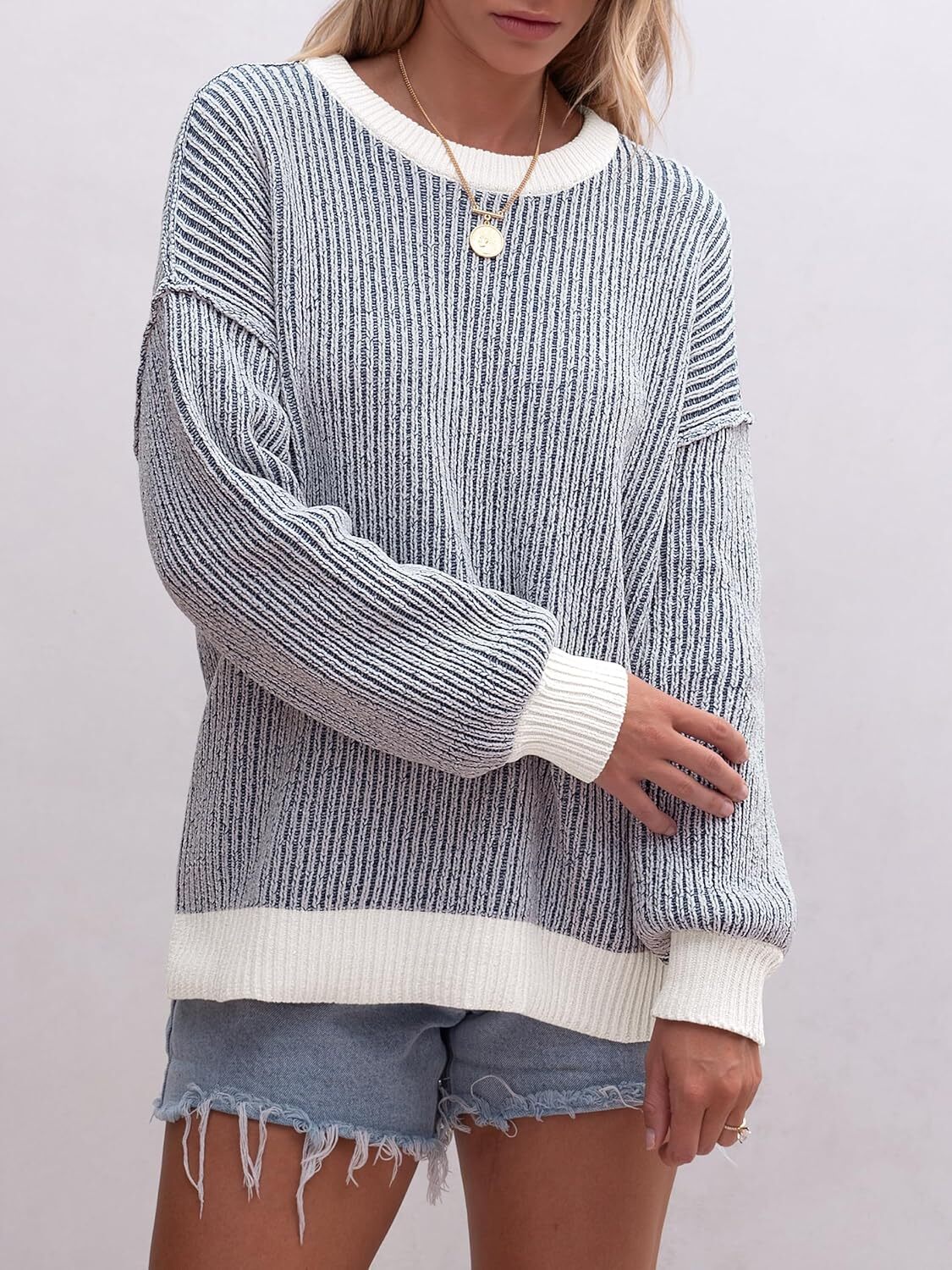 Womens Sweaters Crewneck Long Sleeve Color Block Pullover Loose Ribbed Knit Sweater Tops 2024 Fall Trendy Outfits