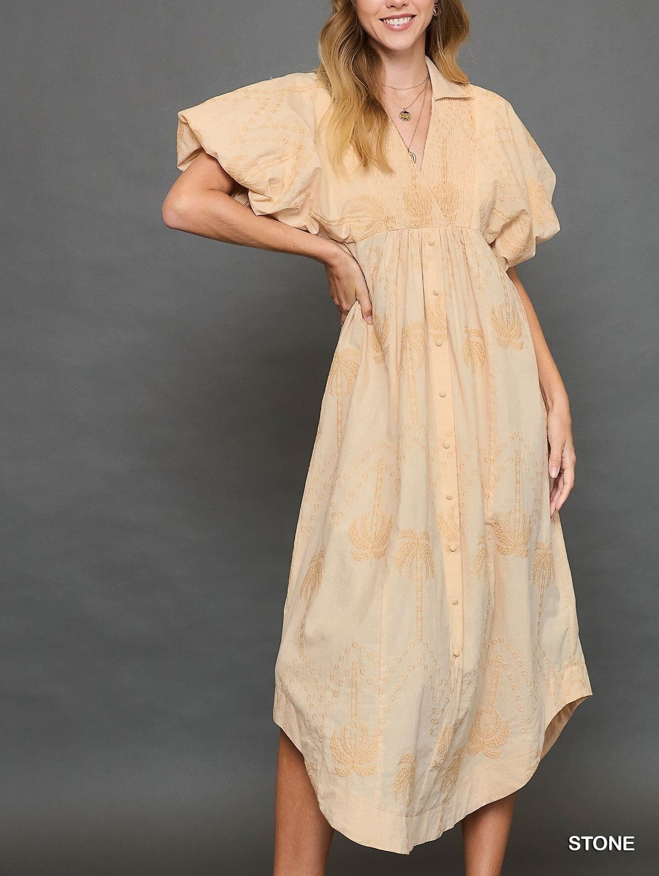 2025 Oversized Textured V-Neck Palm Tree Print Dress