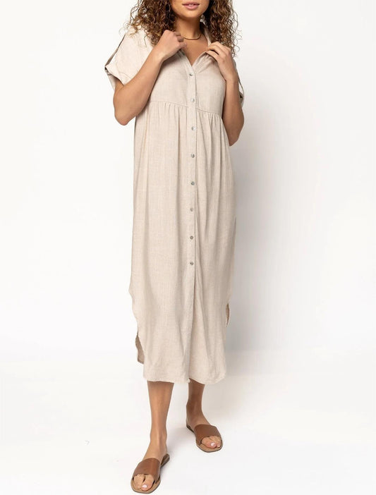 Women's Button Long Pocket Dress Slit Hem