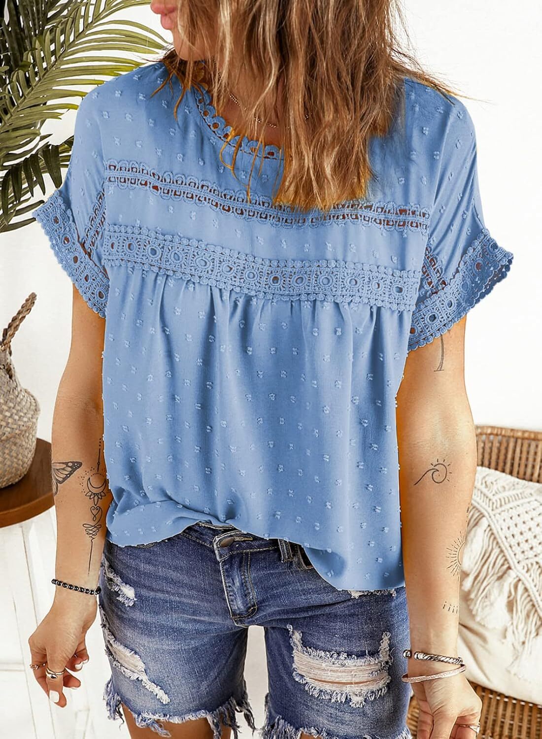 Dokotoo Womens Summer Tops Crewneck Lace Crochet Short Sleeve Shirts Casual Chiffon Blouses