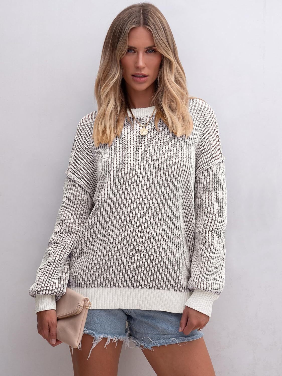 Womens Sweaters Crewneck Long Sleeve Color Block Pullover Loose Ribbed Knit Sweater Tops 2024 Fall Trendy Outfits