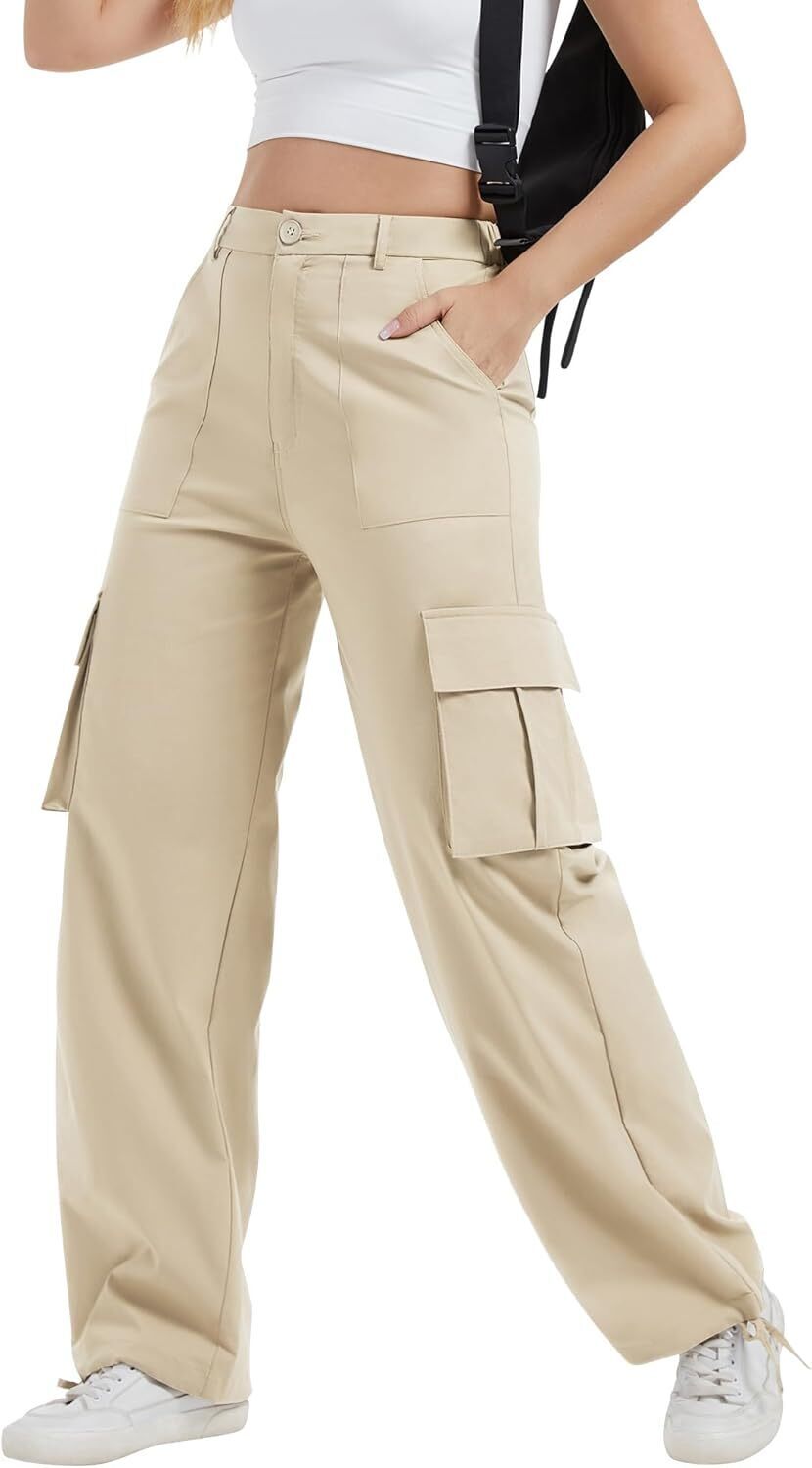 Women High Waisted Satin Cargo Pants Wide Leg Casual Pants multipocket model