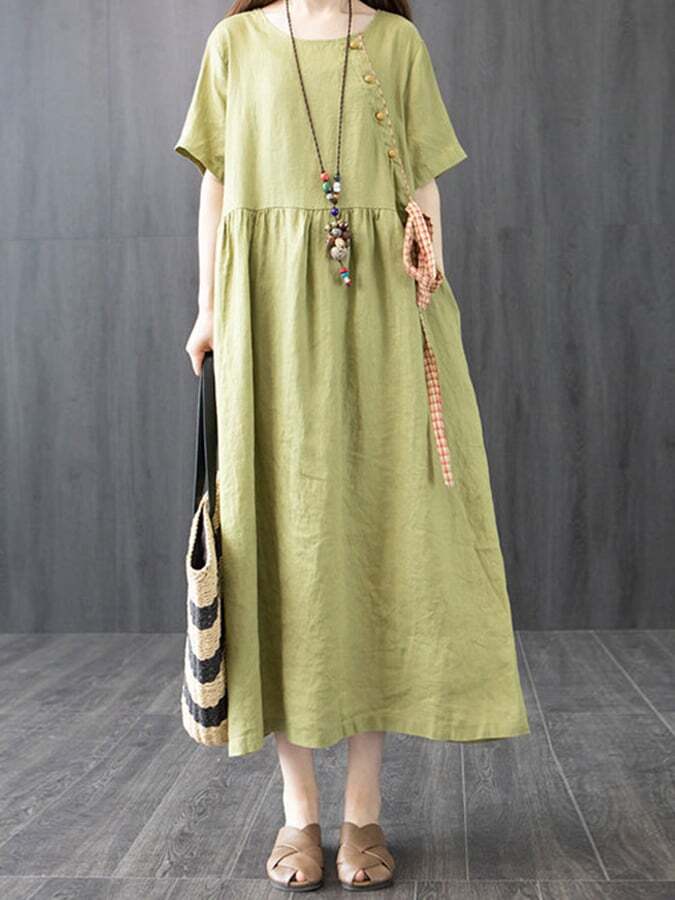 Solid Loose Lace Up Panel Pocket Dress